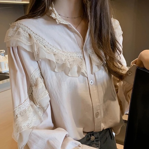 Lace blouse shirt soft khaki button top collar long sleeve
